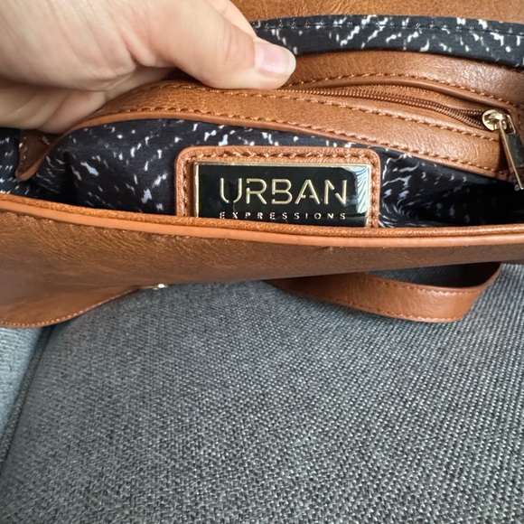 Urban Expressions Tan Khloe Vegan Leather Saddle Shaped Crossbody Bag - Picture 12 of 16